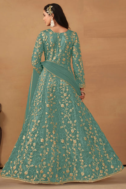 Green Net Full Length Anarkali Dress with Front Slit For Indian Festivals & Weddings - Thread & Sequence Embroidery Work