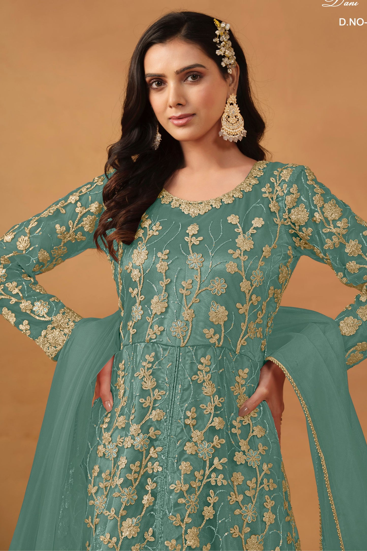 Green Net Full Length Anarkali Dress with Front Slit For Indian Festivals & Weddings - Thread & Sequence Embroidery Work