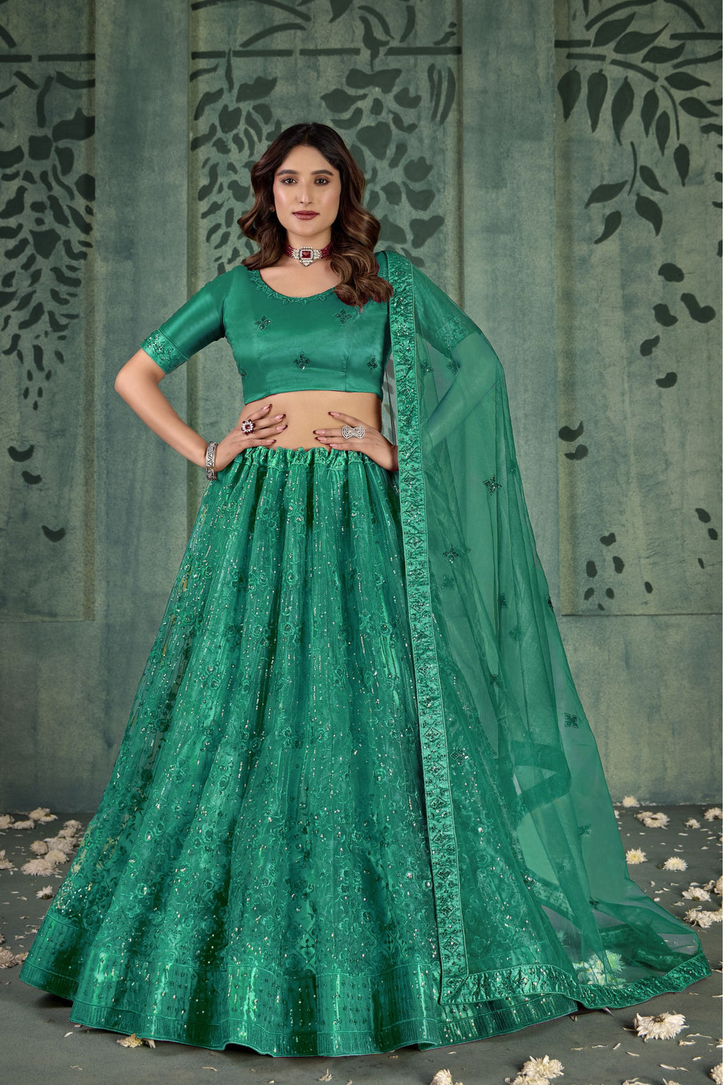 Green Net Lehenga Choli For Indian Festivals & Pakistani Weddings Dress - Thread Embroidery Work, Sequence Embroidery Work