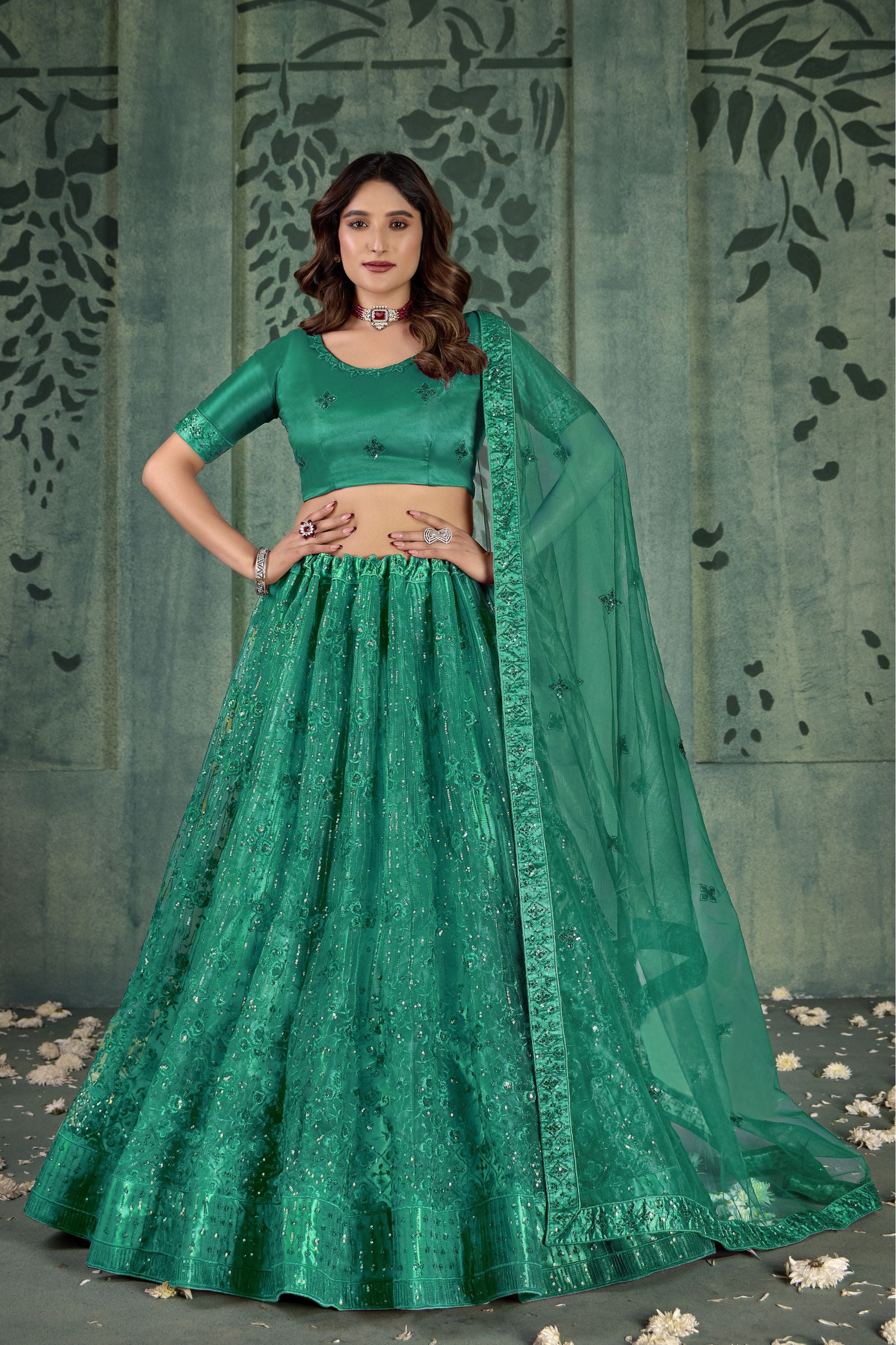 Green Net Lehenga Choli For Indian Festivals & Pakistani Weddings Dress - Thread Embroidery Work, Sequence Embroidery Work