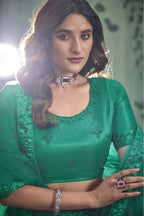 Green Net Lehenga Choli For Indian Festivals & Pakistani Weddings Dress - Thread Embroidery Work, Sequence Embroidery Work