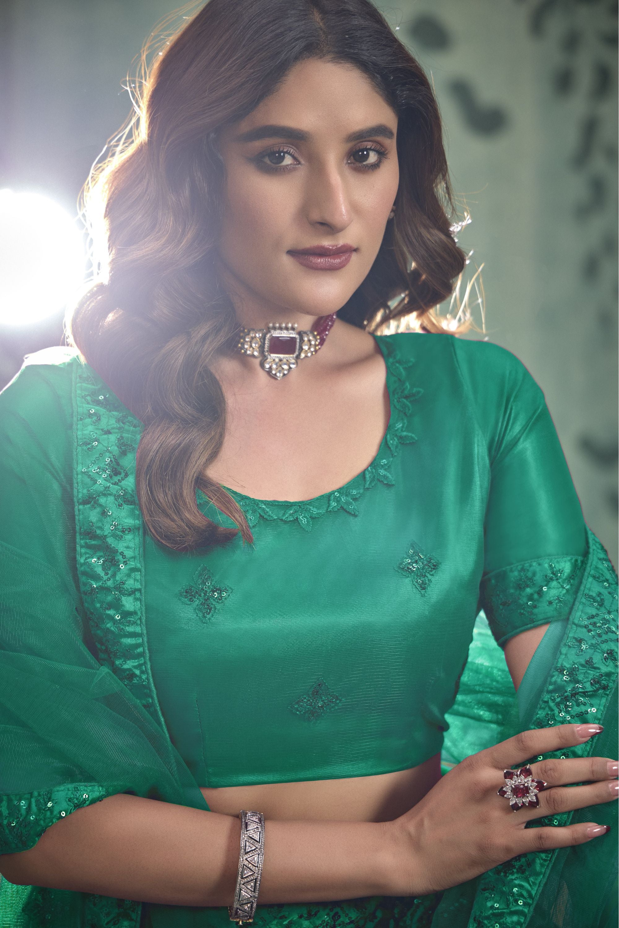 Green Net Lehenga Choli For Indian Festivals & Pakistani Weddings Dress - Thread Embroidery Work, Sequence Embroidery Work