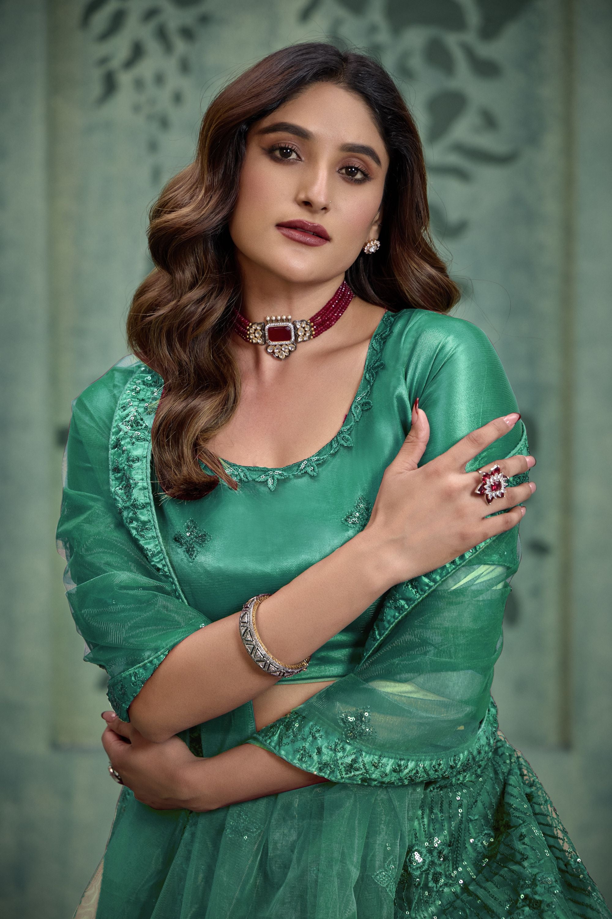 Green Net Lehenga Choli For Indian Festivals & Pakistani Weddings Dress - Thread Embroidery Work, Sequence Embroidery Work