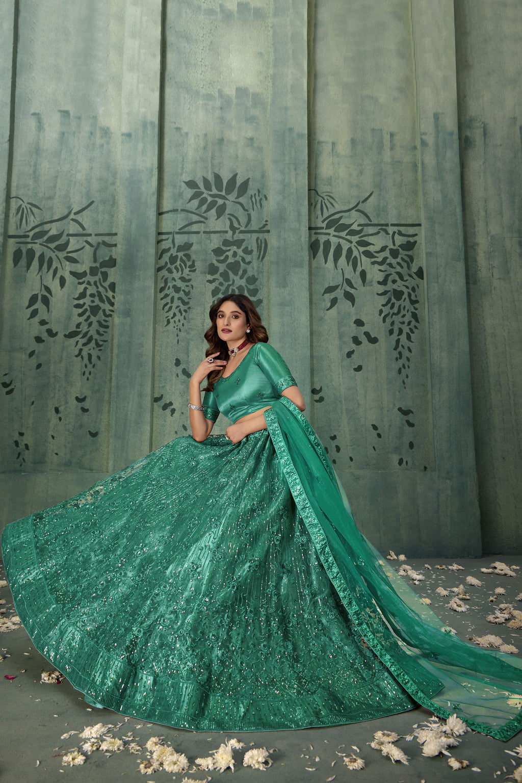 Green Net Lehenga Choli For Indian Festivals & Pakistani Weddings Dress - Thread Embroidery Work, Sequence Embroidery Work