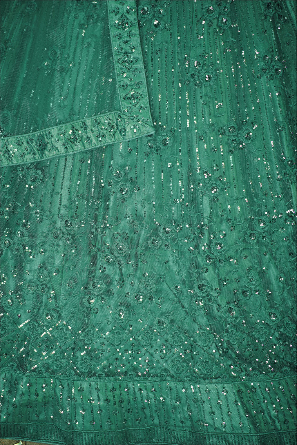 Green Net Lehenga Choli For Indian Festivals & Pakistani Weddings Dress - Thread Embroidery Work, Sequence Embroidery Work