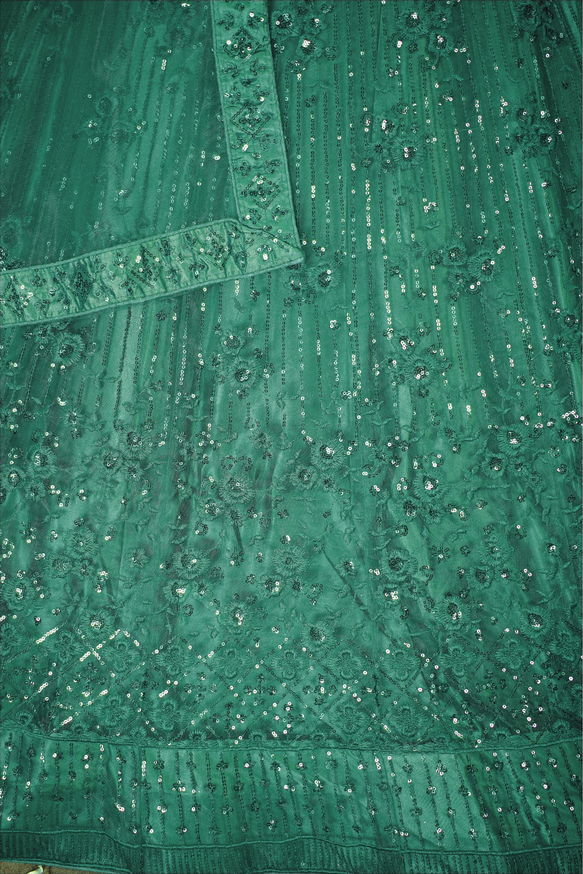 Green Net Lehenga Choli For Indian Festivals & Pakistani Weddings Dress - Thread Embroidery Work, Sequence Embroidery Work