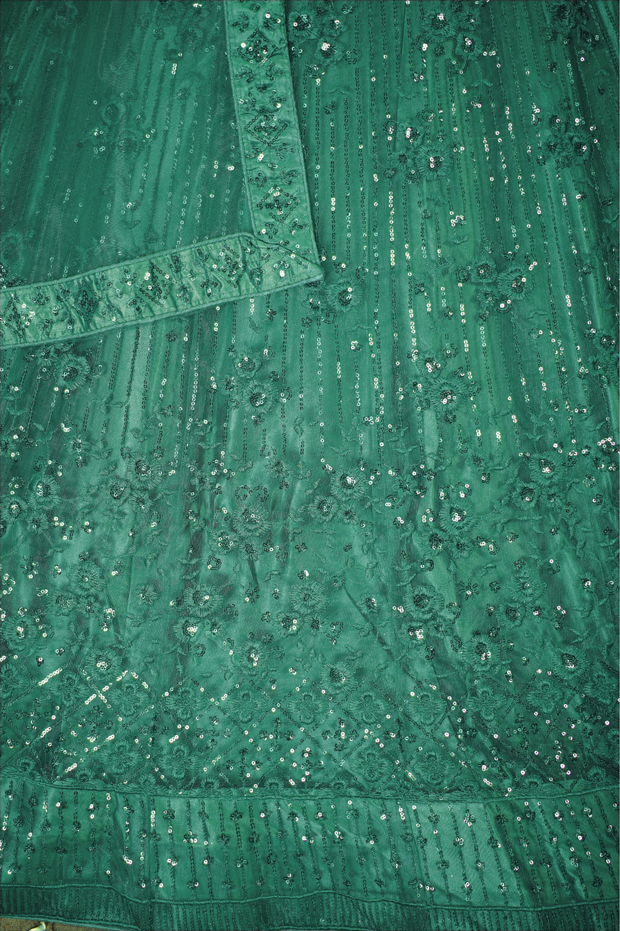Green Net Lehenga Choli For Indian Festivals & Pakistani Weddings Dress - Thread Embroidery Work, Sequence Embroidery Work