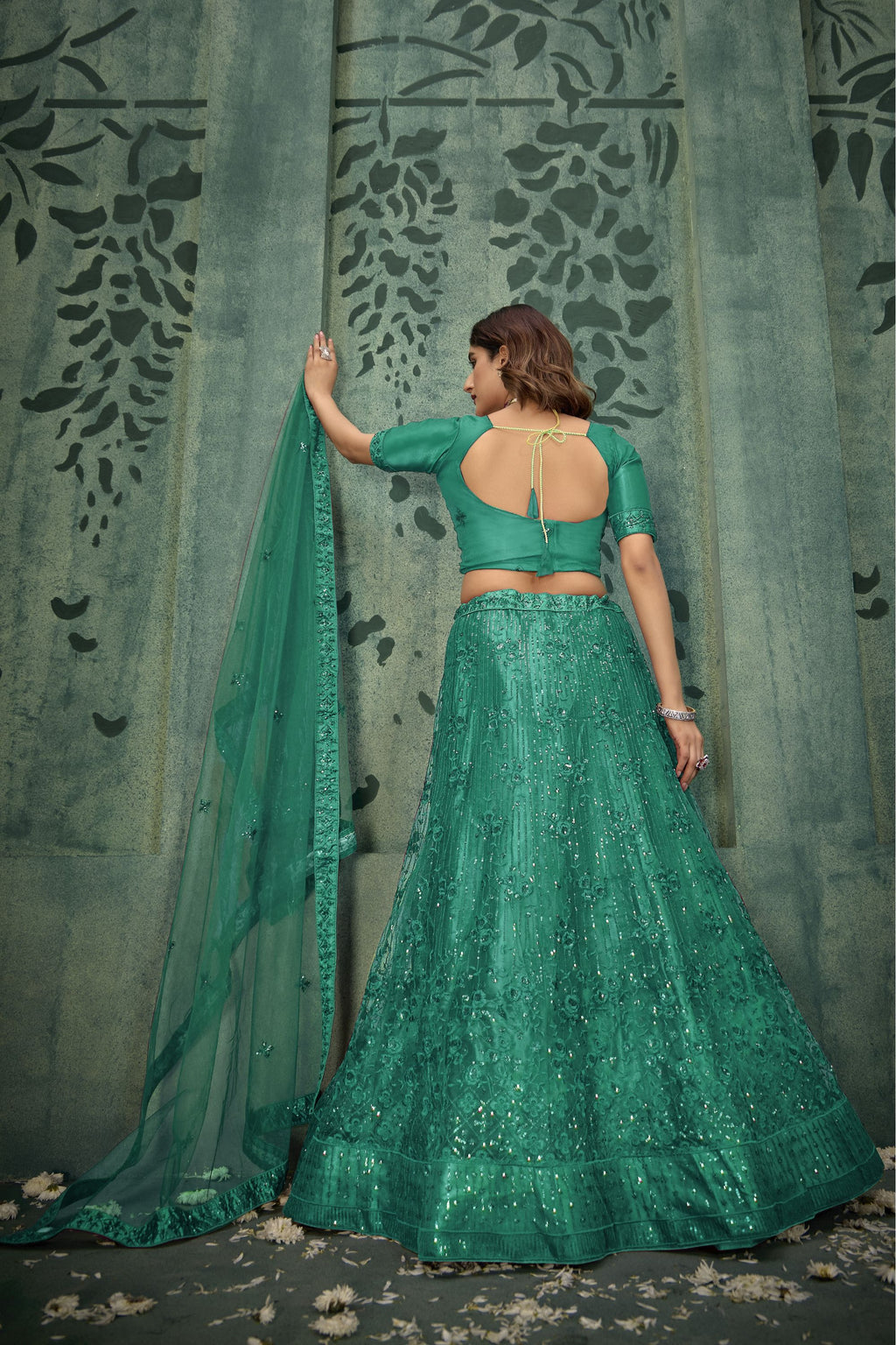 Green Net Lehenga Choli For Indian Festivals & Pakistani Weddings Dress - Thread Embroidery Work, Sequence Embroidery Work