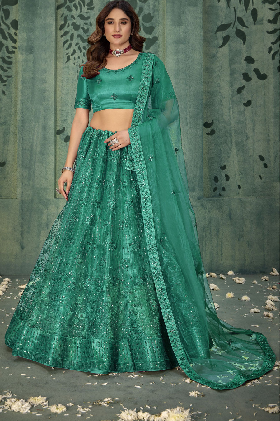 Green Net Lehenga Choli For Indian Festivals & Pakistani Weddings Dress - Thread Embroidery Work, Sequence Embroidery Work