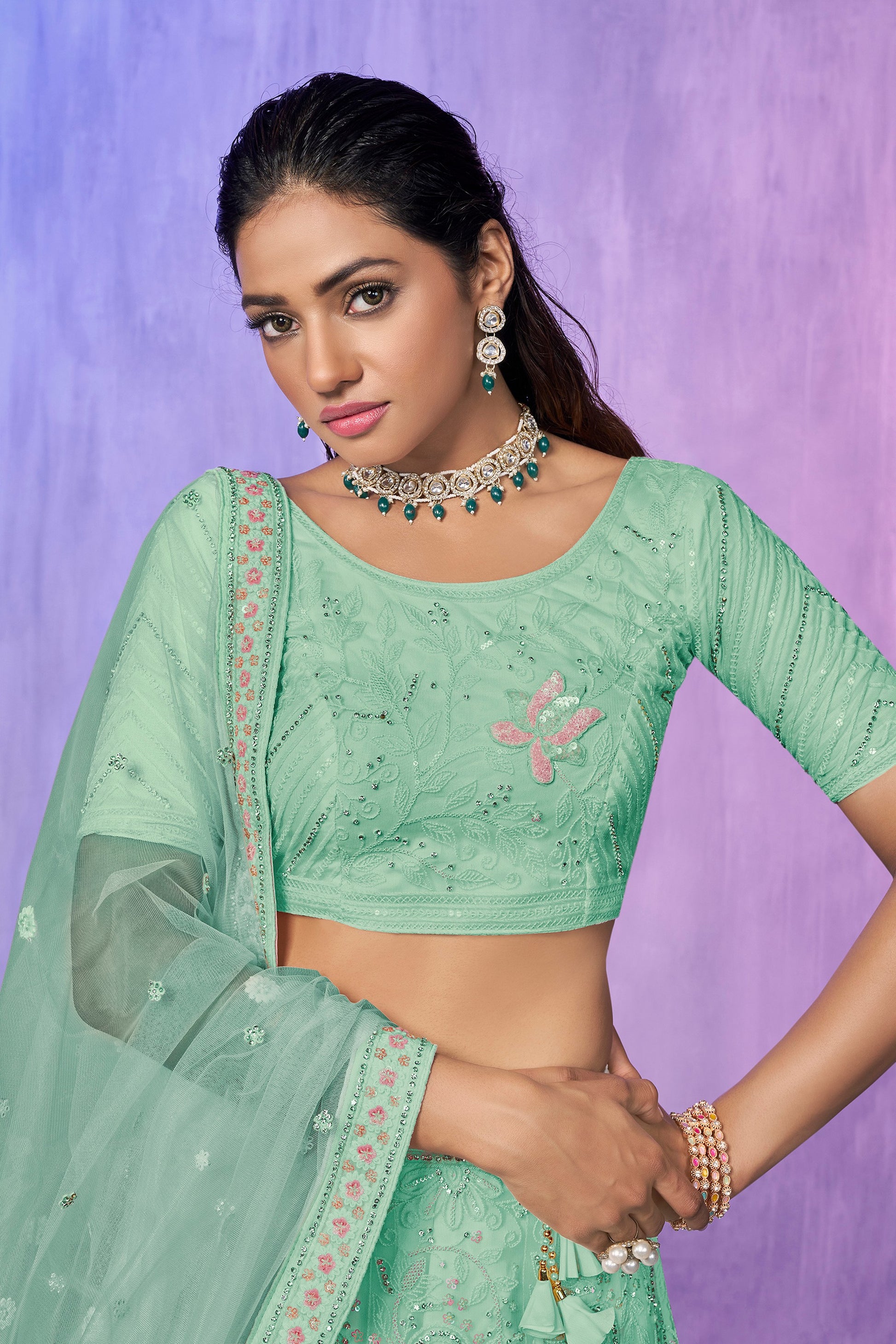 Green Pakistani Net Lehenga Choli For Indian Festivals & Weddings - Embroidery Work,