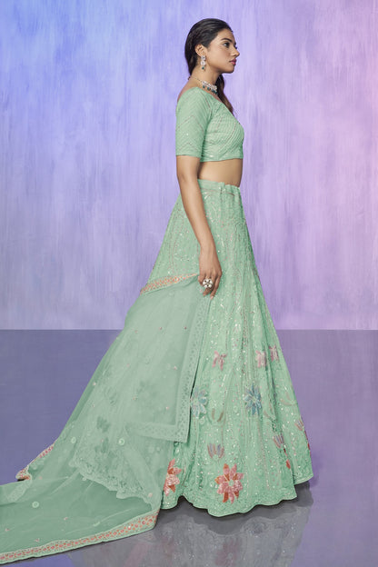 Green Pakistani Net Lehenga Choli For Indian Festivals & Weddings - Embroidery Work,