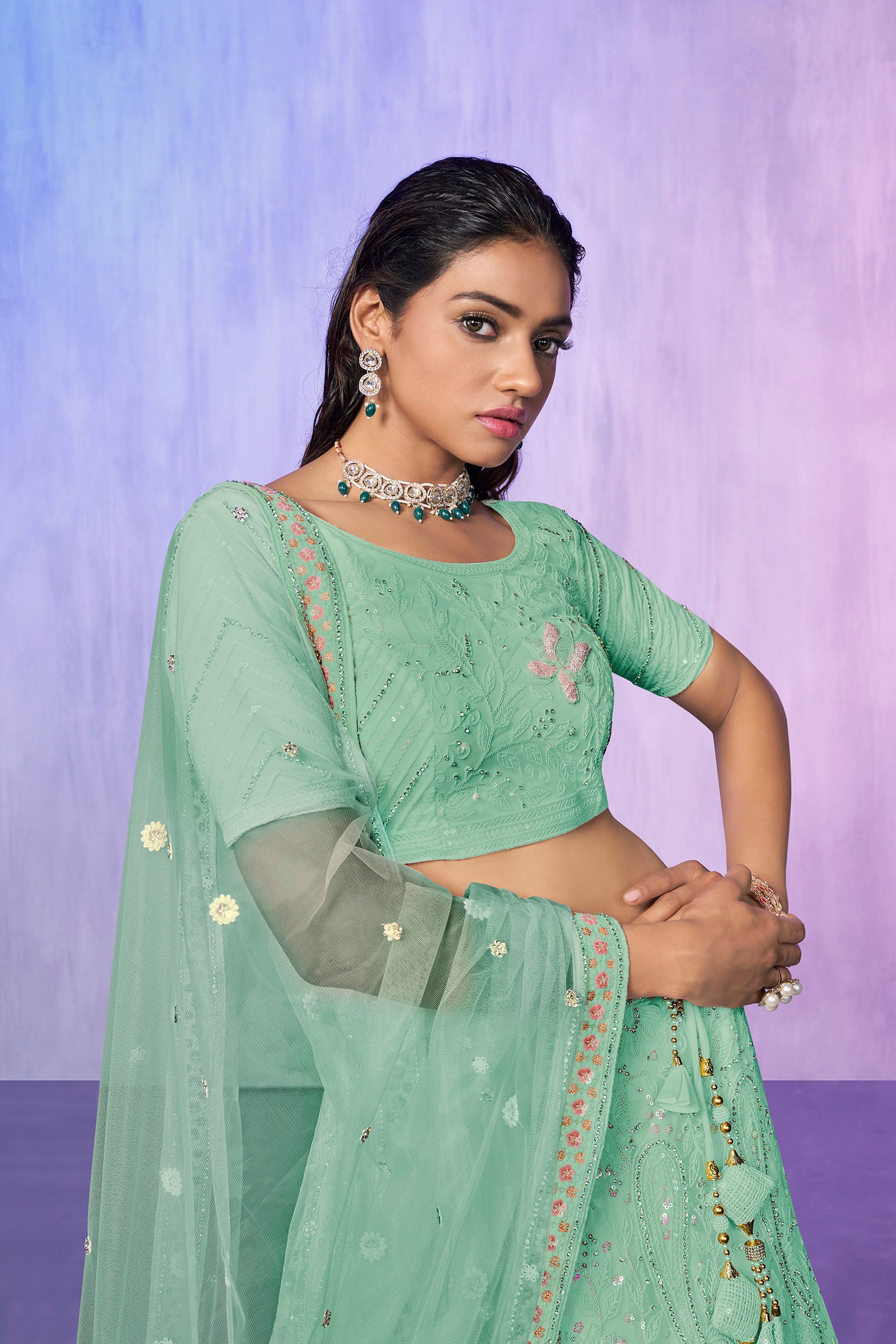 Green Pakistani Net Lehenga Choli For Indian Festivals & Weddings - Embroidery Work,