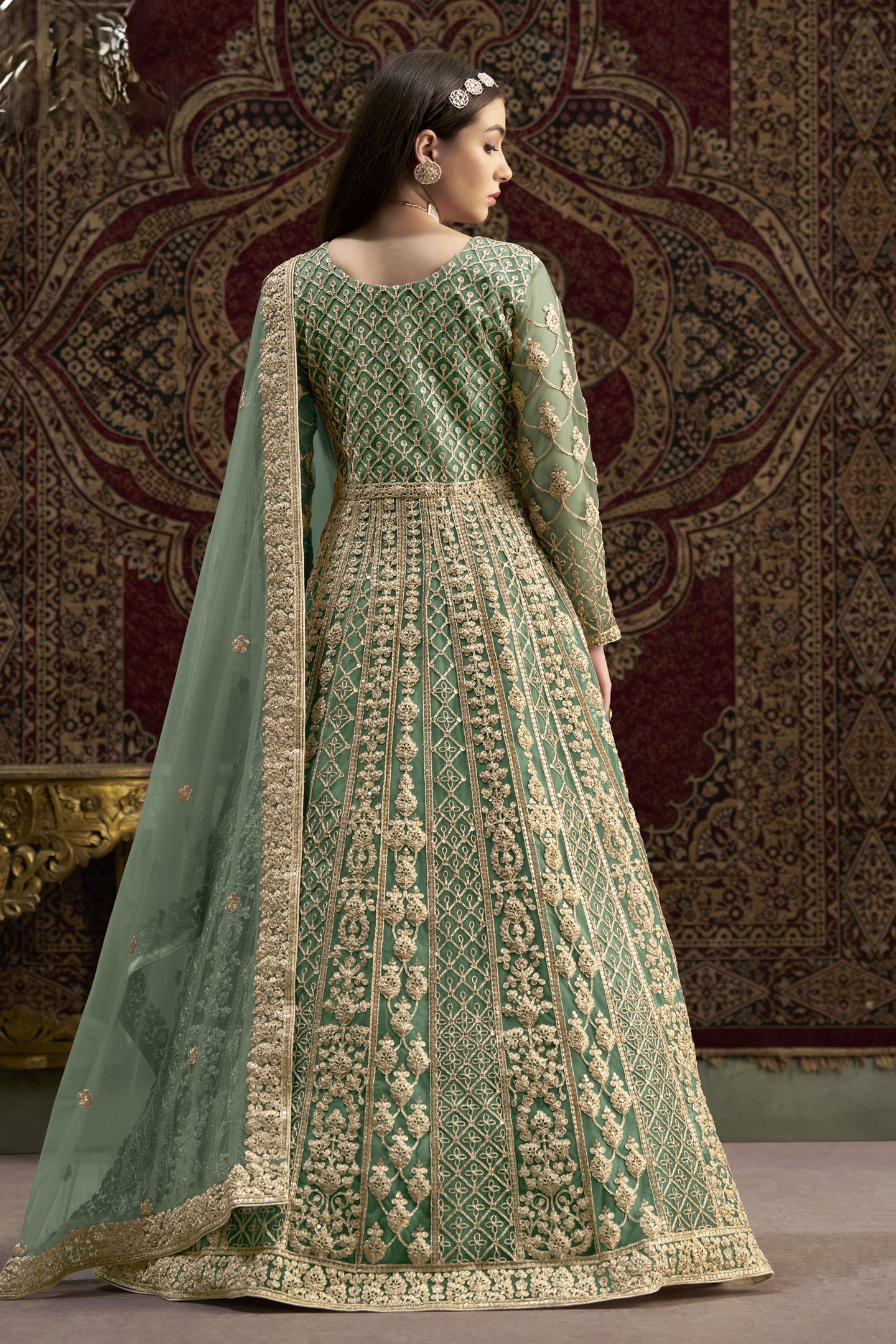 Green Net Pakistani Anarkali Suit with Sequins and Dori Work