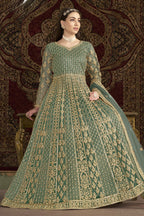 Green Net Pakistani Anarkali Suit with Sequins and Dori Work