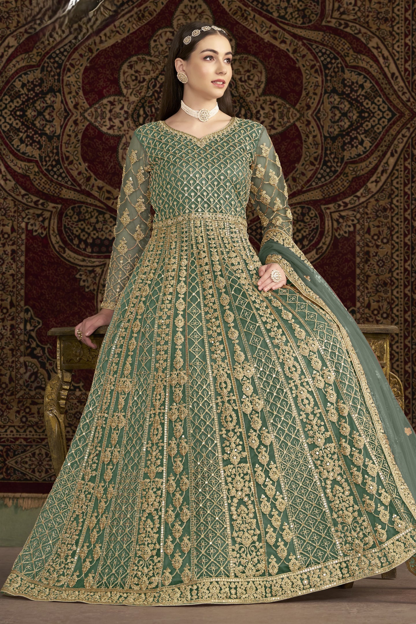 Green Net Pakistani Anarkali Suit with Sequins and Dori Work