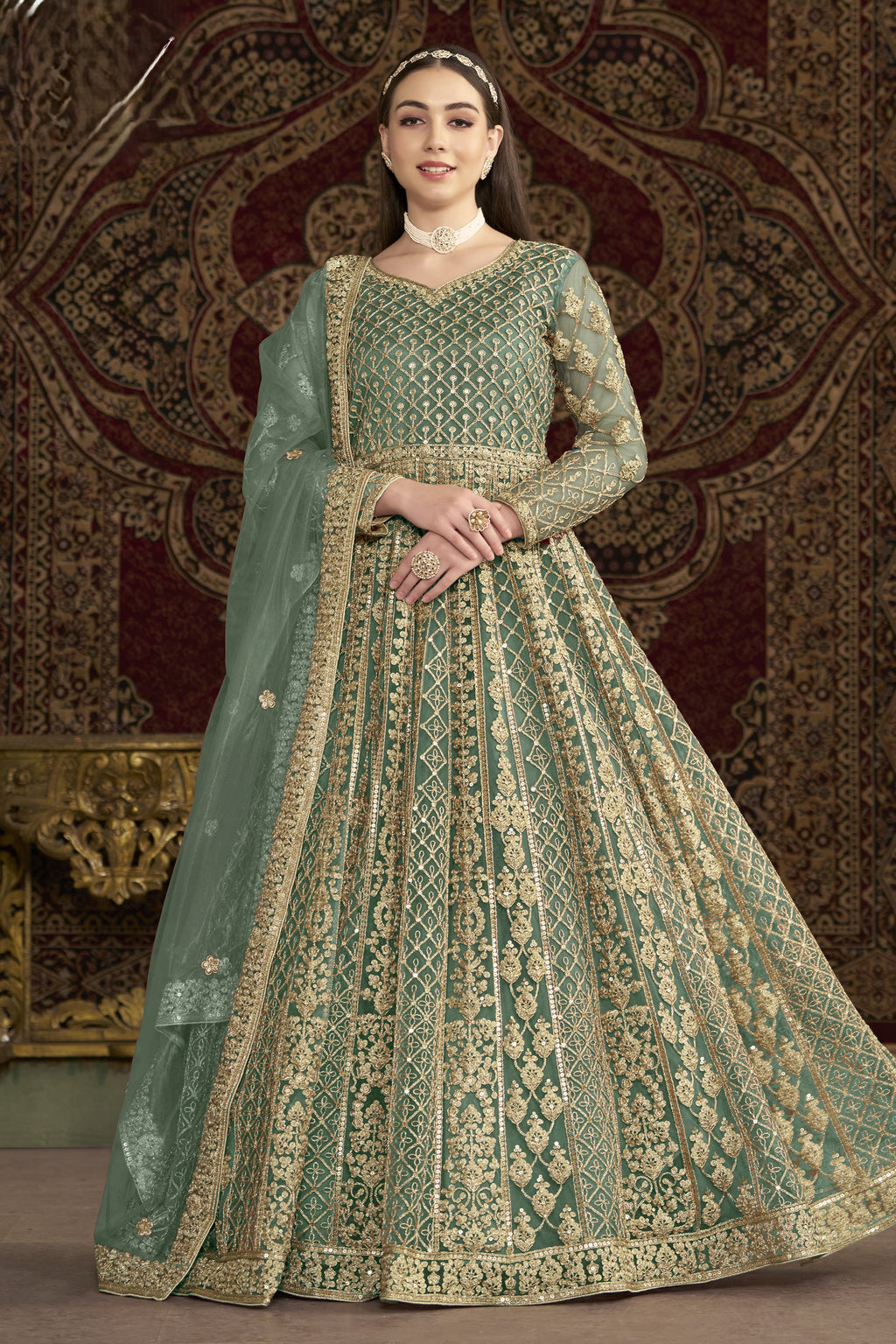 Green Net Pakistani Anarkali Suit with Sequins and Dori Work