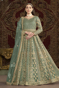 Green Net Pakistani Anarkali Suit with Sequins and Dori Work