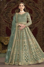 Green Net Pakistani Anarkali Suit with Sequins and Dori Work