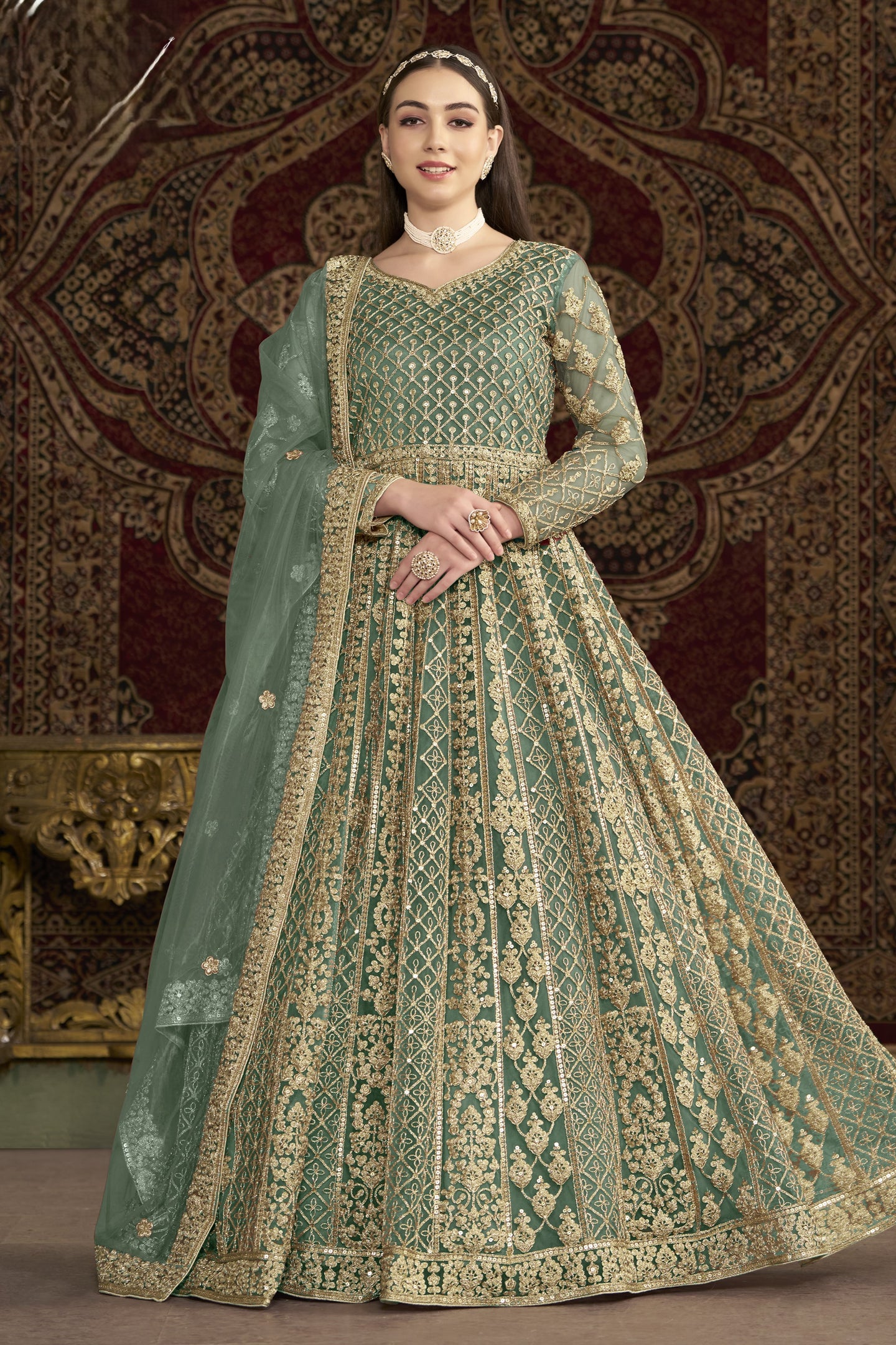 Green Net Pakistani Anarkali Suit with Sequins and Dori Work