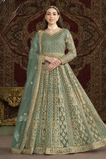 Green Net Pakistani Anarkali Suit with Sequins and Dori Work