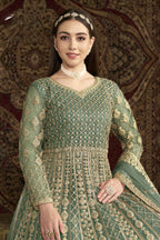 Green Net Pakistani Anarkali Suit with Sequins and Dori Work