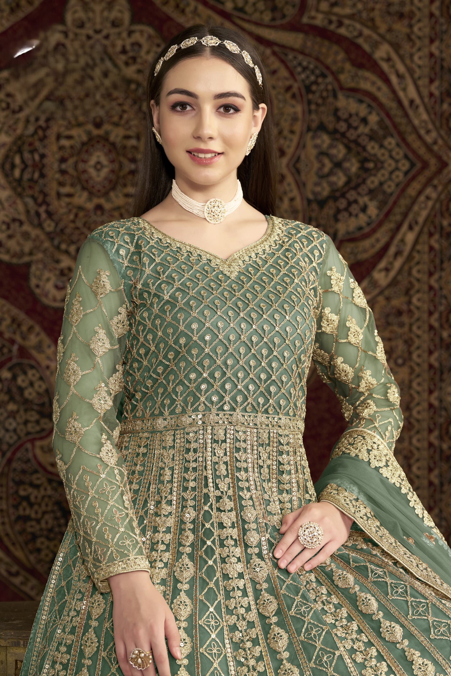 Green Net Pakistani Anarkali Suit with Sequins and Dori Work