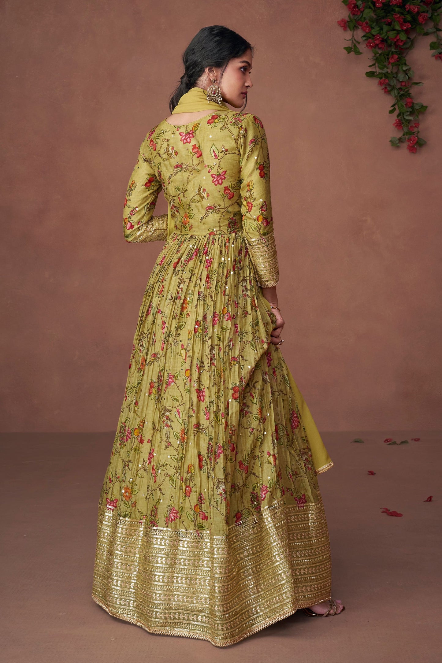 Green Pakistani Organza Floor Full Length Flower Printed Anarkali Gown For Indian Festivals & Weddings - Embroidery Work, Print Work