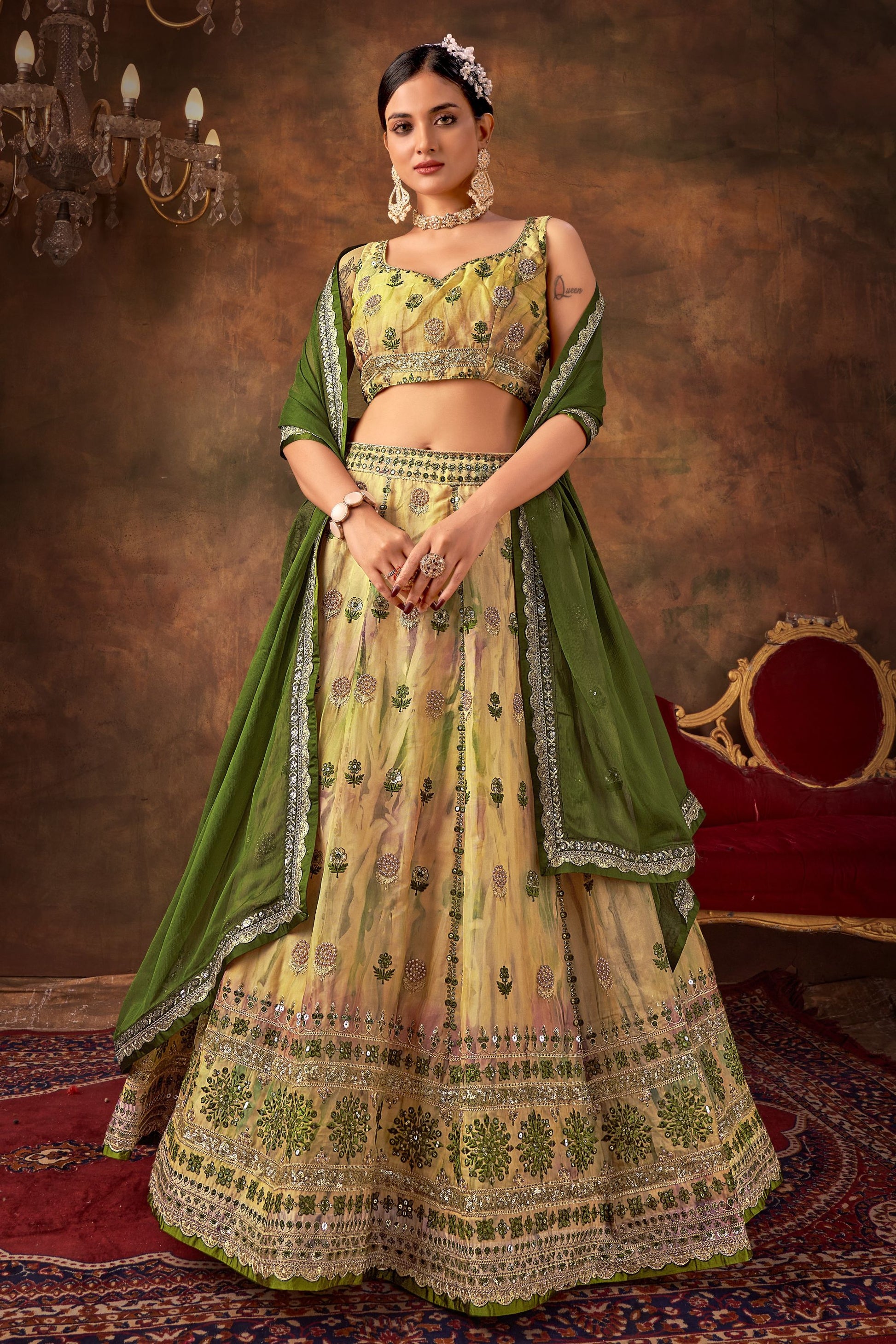 Green Organza Lehenga Choli For Indian Festivals & Weddings - Thread Embroidery Work, Sequence Embroidery Work