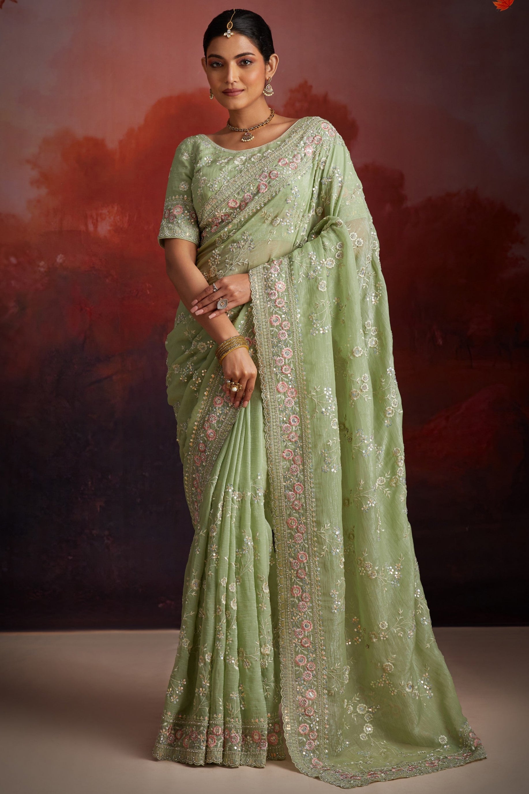 Green Organza Saree with Blouse For Indian Festival & Weddings - Thread Embroidery Work, Sequence Embroidery Work, Zarkan Embroidery Work
