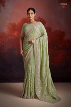 Green Organza Saree with Blouse For Indian Festival & Weddings - Thread Embroidery Work, Sequence Embroidery Work, Zarkan Embroidery Work