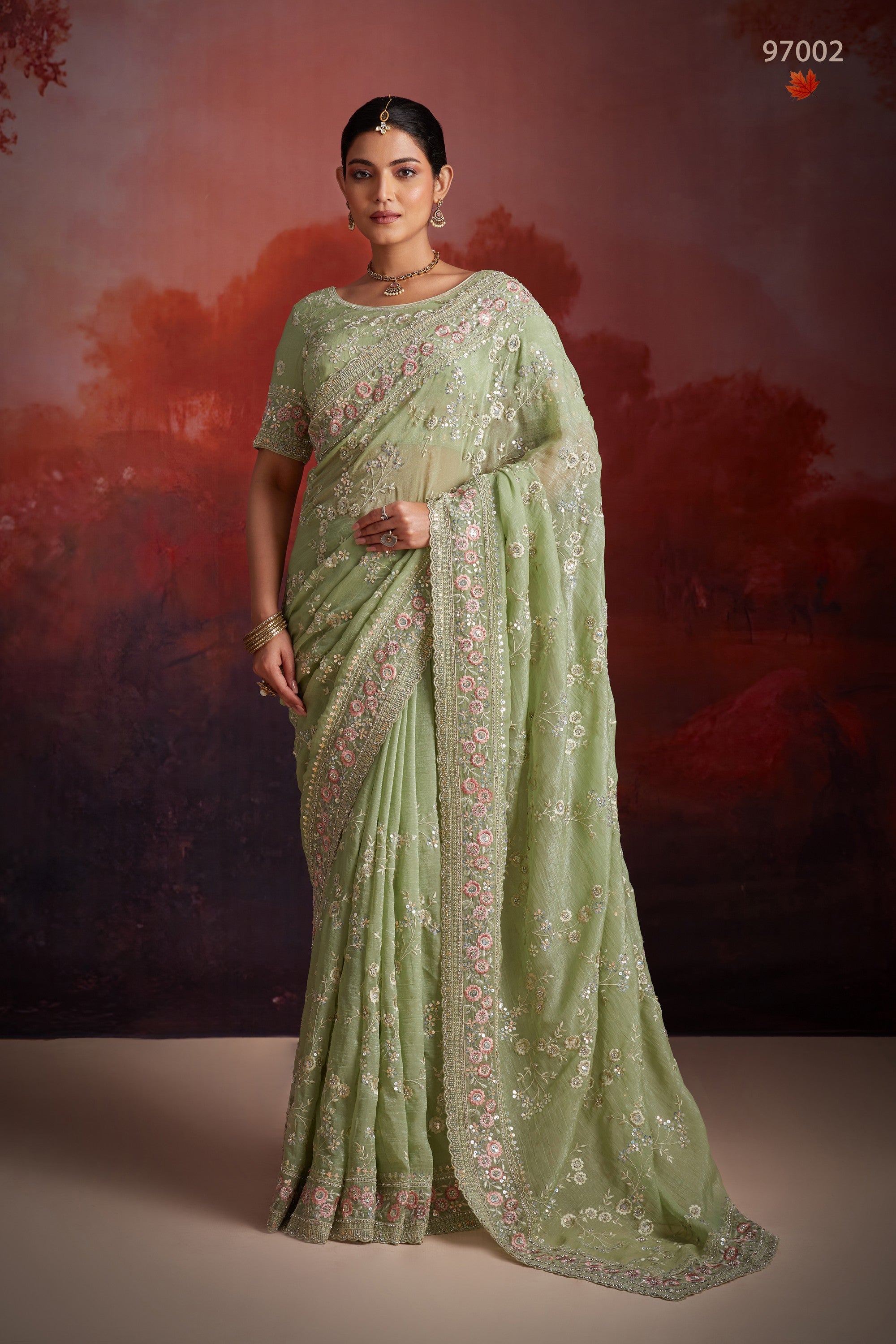 Green Organza Saree with Blouse For Indian Festival & Weddings - Thread Embroidery Work, Sequence Embroidery Work, Zarkan Embroidery Work