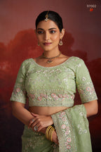 Green Organza Saree with Blouse For Indian Festival & Weddings - Thread Embroidery Work, Sequence Embroidery Work, Zarkan Embroidery Work
