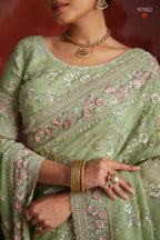 Green Organza Saree with Blouse For Indian Festival & Weddings - Thread Embroidery Work, Sequence Embroidery Work, Zarkan Embroidery Work