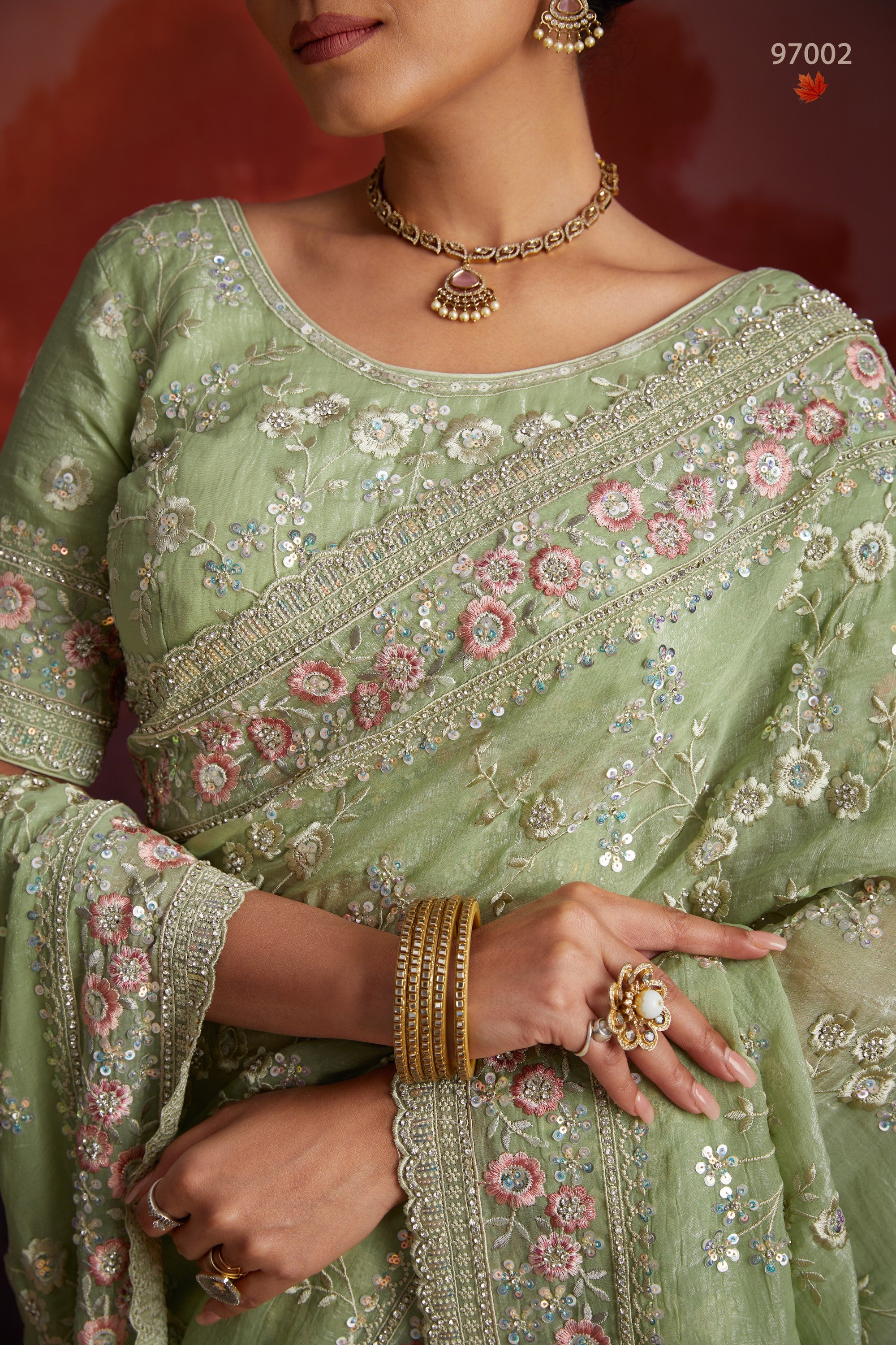 Green Organza Saree with Blouse For Indian Festival & Weddings - Thread Embroidery Work, Sequence Embroidery Work, Zarkan Embroidery Work