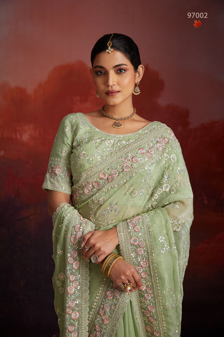 Green Organza Saree with Blouse For Indian Festival & Weddings - Thread Embroidery Work, Sequence Embroidery Work, Zarkan Embroidery Work