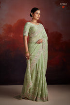 Green Organza Saree with Blouse For Indian Festival & Weddings - Thread Embroidery Work, Sequence Embroidery Work, Zarkan Embroidery Work