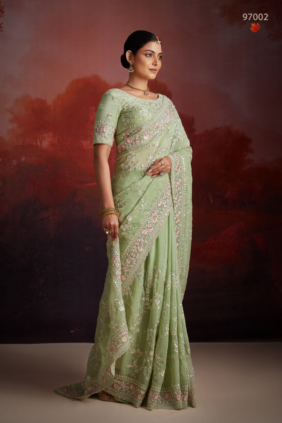 Green Organza Saree with Blouse For Indian Festival & Weddings - Thread Embroidery Work, Sequence Embroidery Work, Zarkan Embroidery Work