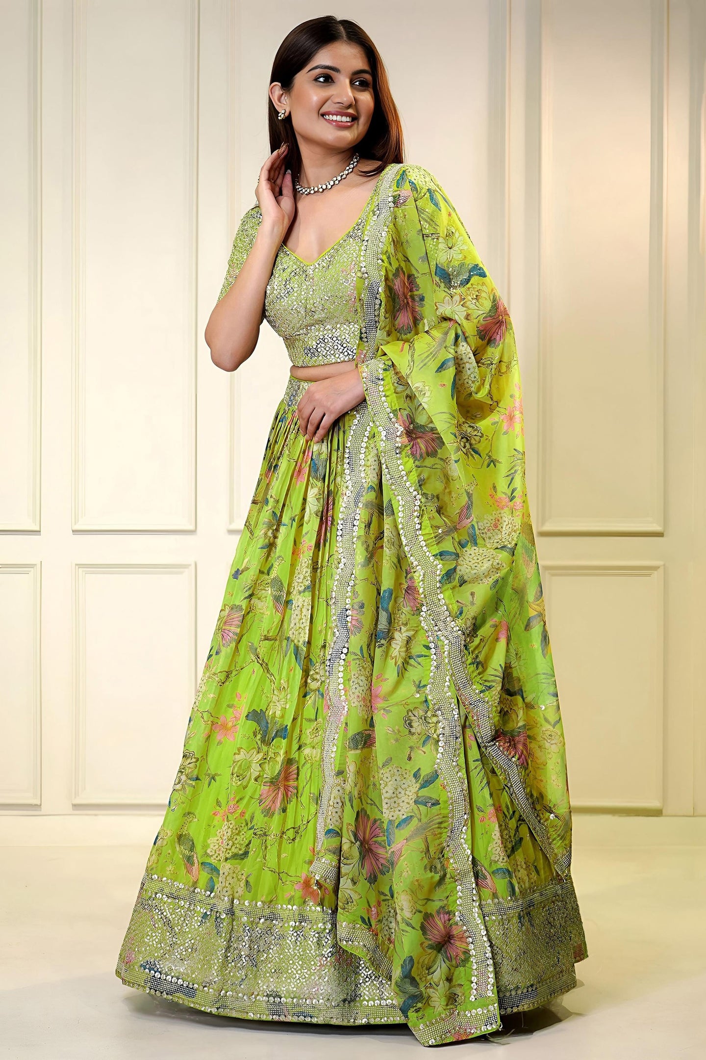 Green Organza Silk Flower Printed Lehenga Choli For Indian & Pakistani Wedding Festival - Sequins & Thread Embroidery Work, Zari Work, Print Work