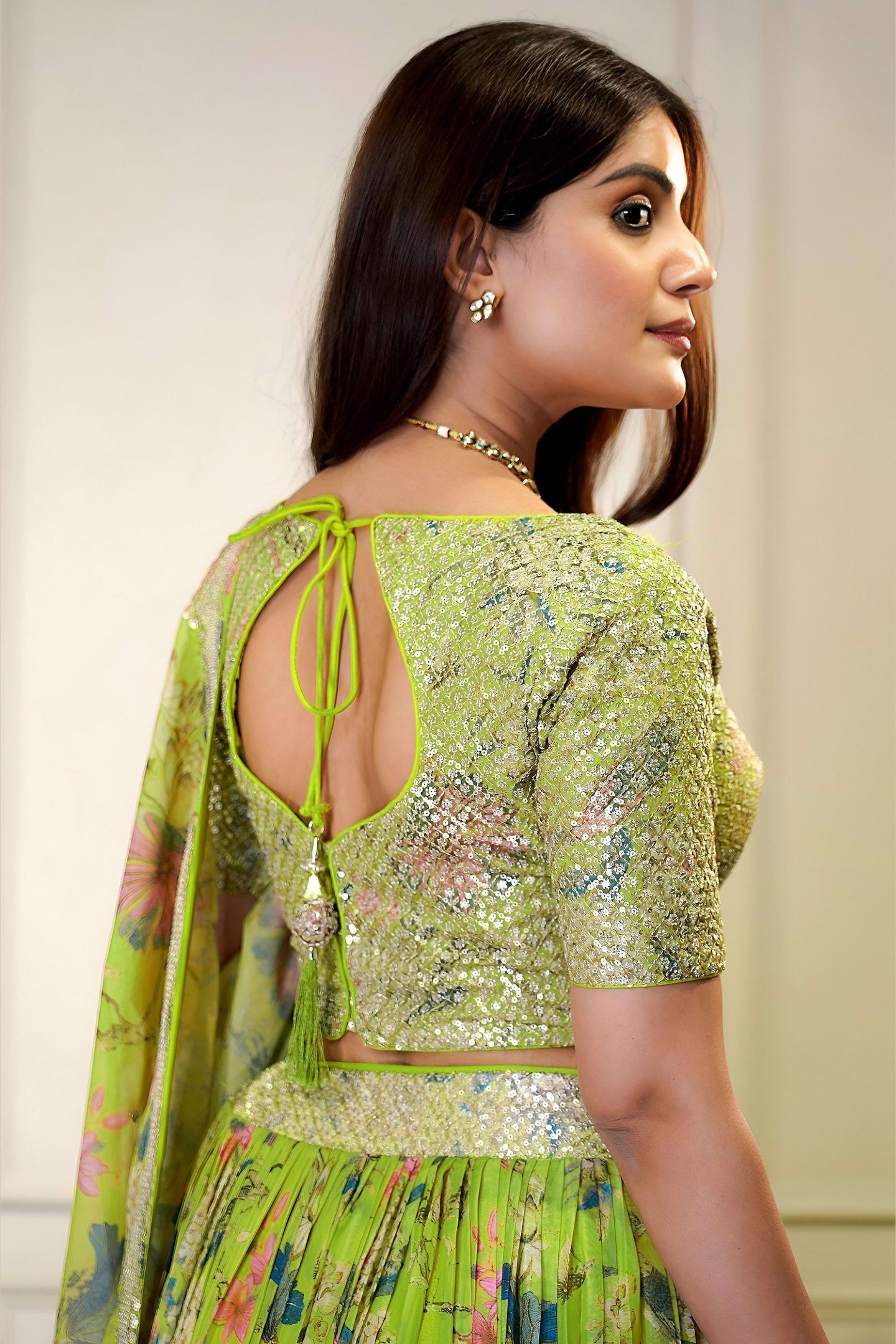 Green Organza Silk Flower Printed Lehenga Choli For Indian & Pakistani Wedding Festival - Sequins & Thread Embroidery Work, Zari Work, Print Work