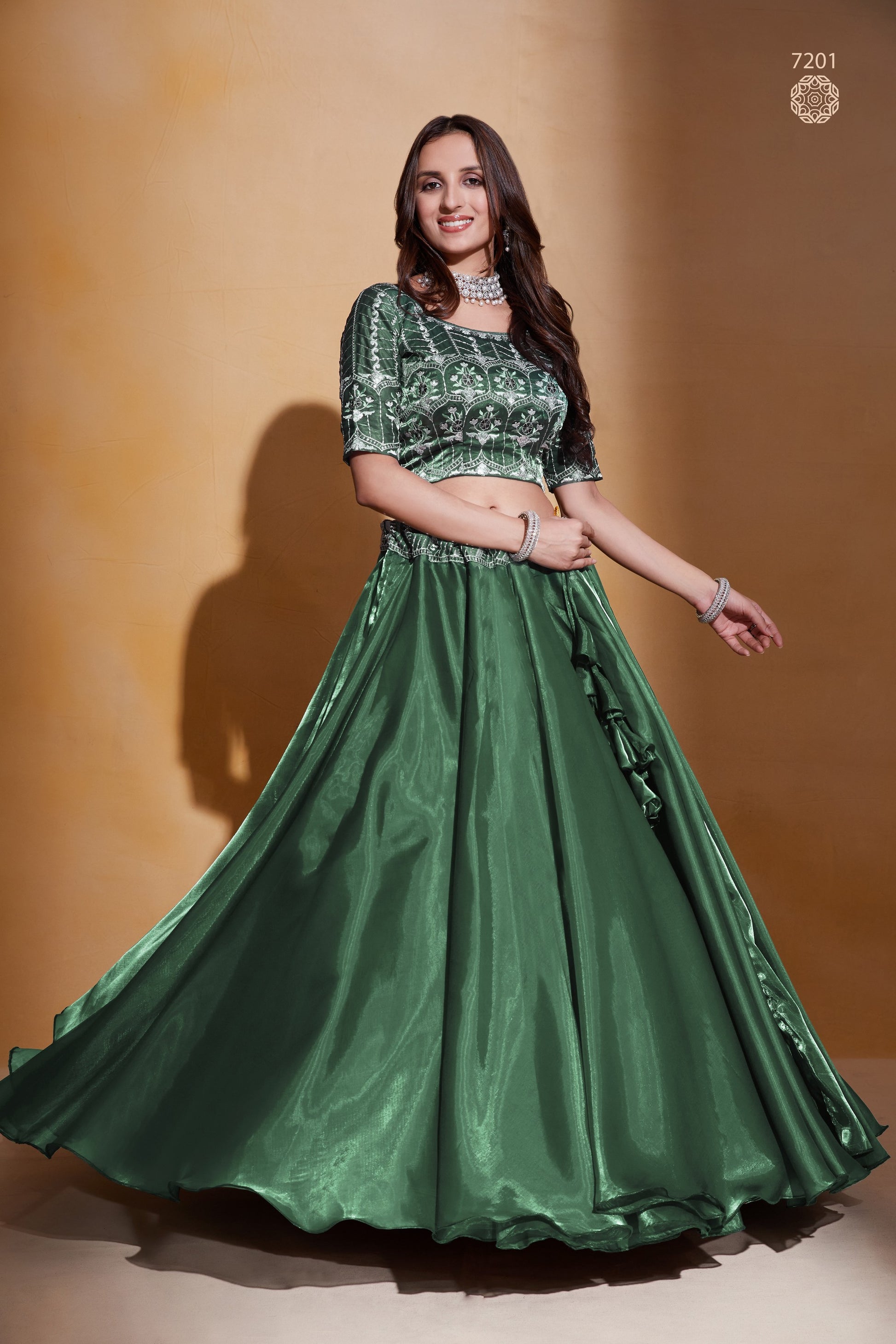 Green Organza Silk Lehenga Choli 18 Meter Flair For Indian Festivals & Weddings - Sequence Embroidery Work, Thread Embroidery Work