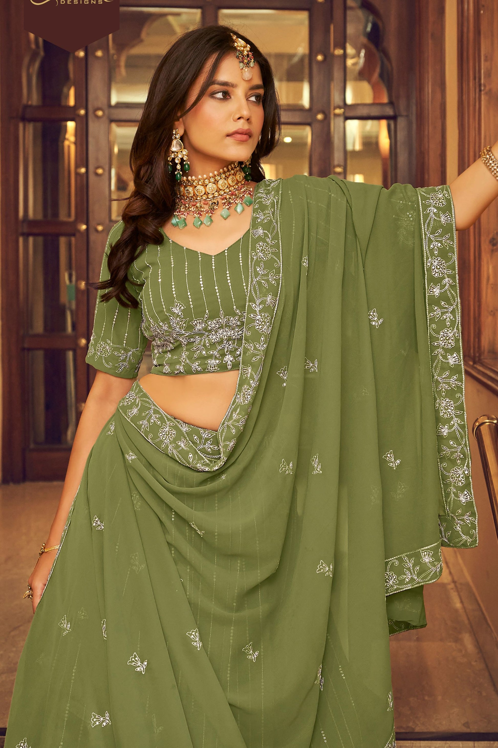Green Pakistani Georgette Lehenga Choli For Indian Festivals & Weddings - Sequence Embroidery Work, Thread Embroidery Work,