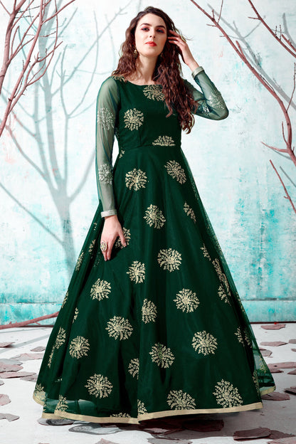 Green Pakistani Net Partywear Gown For Indian Festivals & Weddings - Foil Work