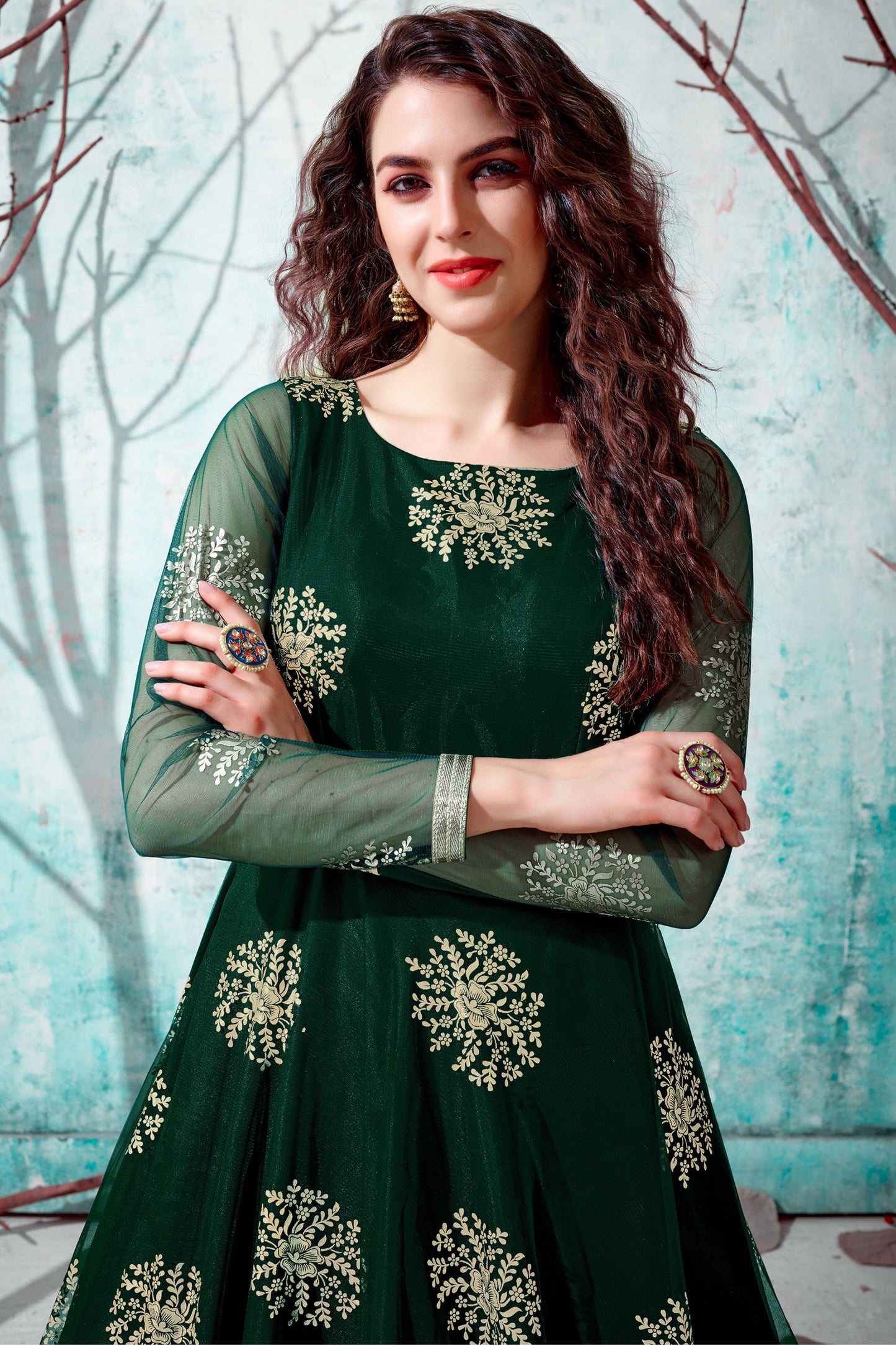 Green Pakistani Net Partywear Gown For Indian Festivals & Weddings - Foil Work