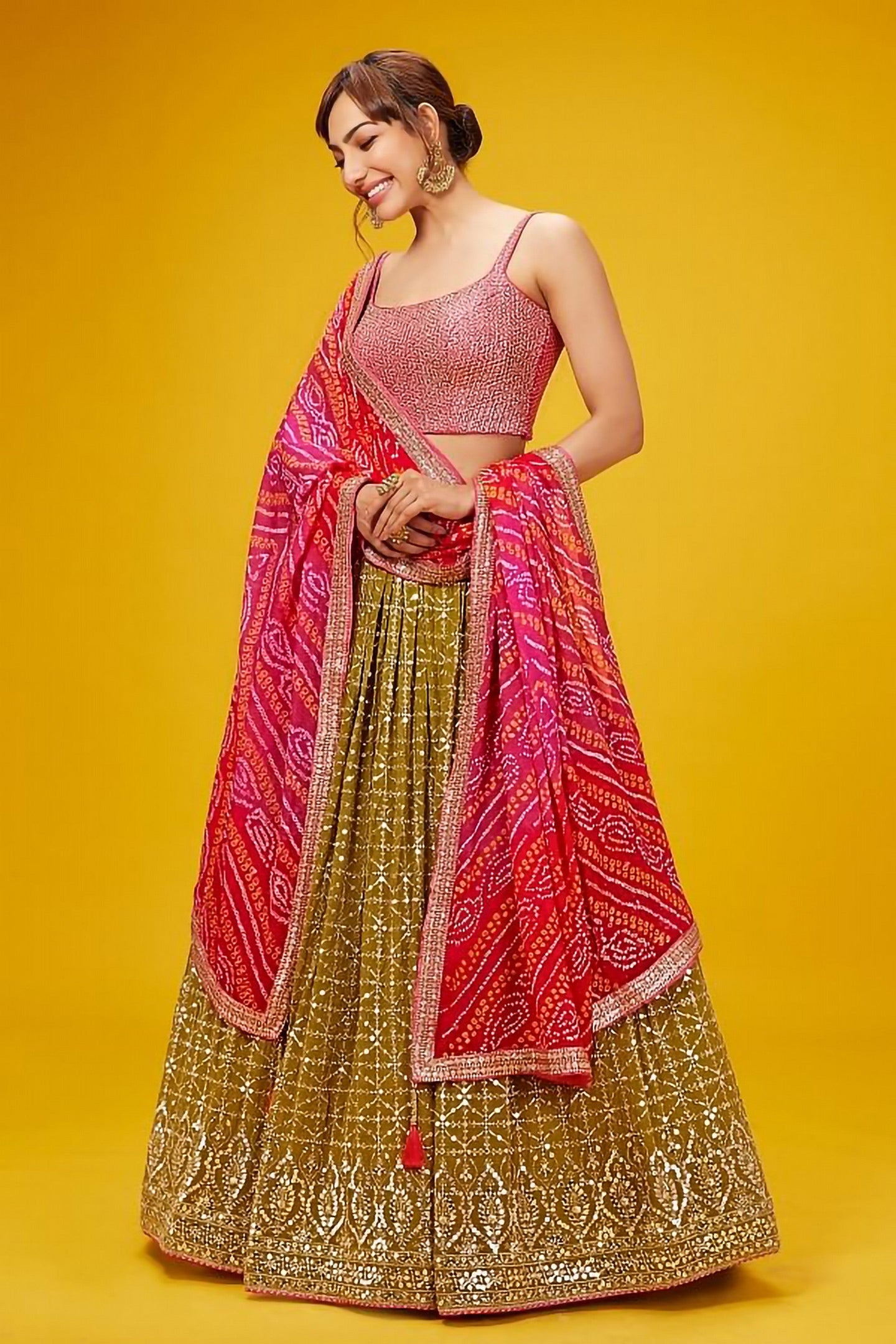 Green Pink Georgette Lehenga Choli For Indian & Pakistani Wedding Festival - Zari Work, Print Work, Sequence Embroidery Work