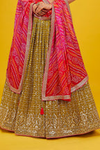 Green Pink Georgette Lehenga Choli For Indian & Pakistani Wedding Festival - Zari Work, Print Work, Sequence Embroidery Work