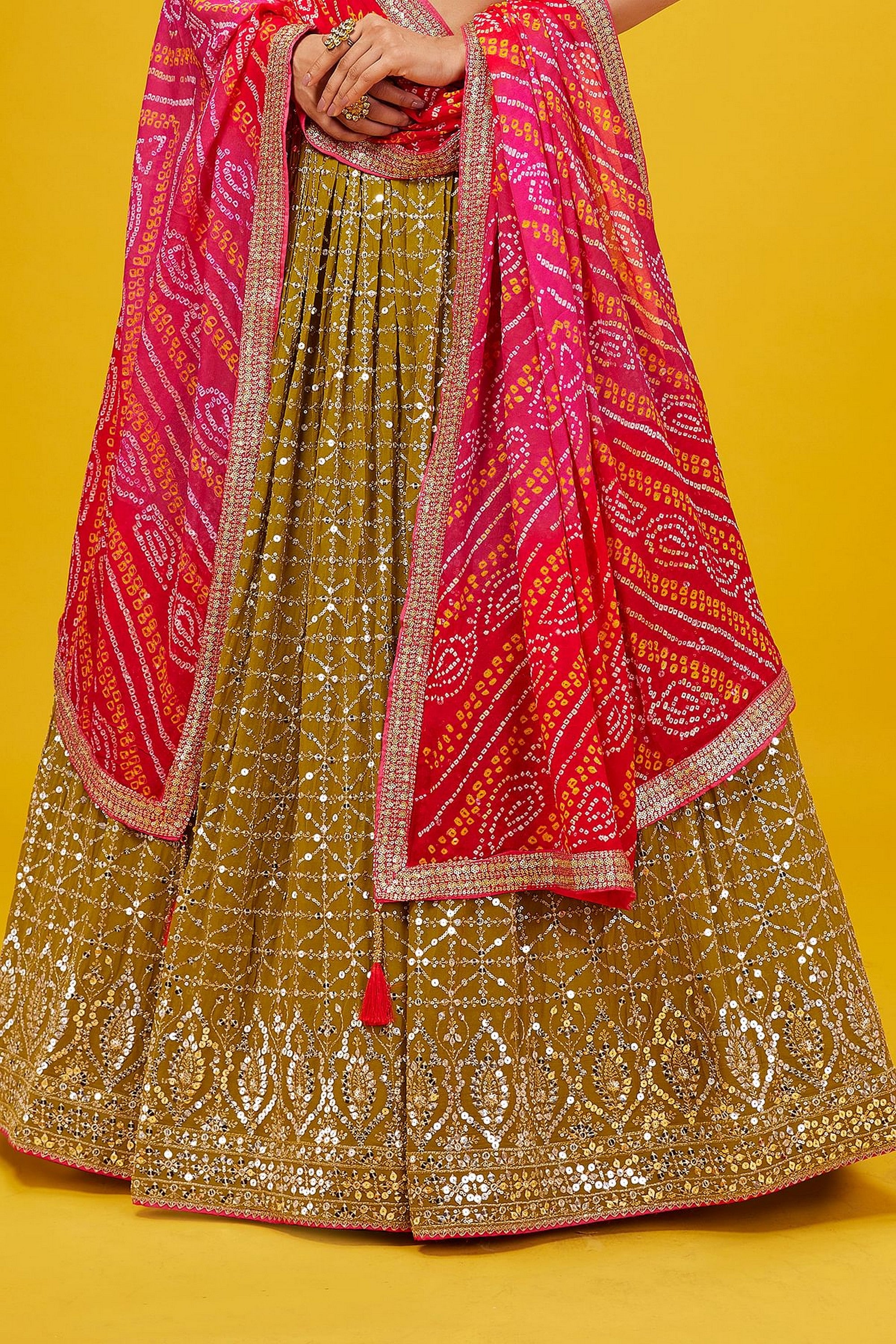 Green Pink Georgette Lehenga Choli For Indian & Pakistani Wedding Festival - Zari Work, Print Work, Sequence Embroidery Work