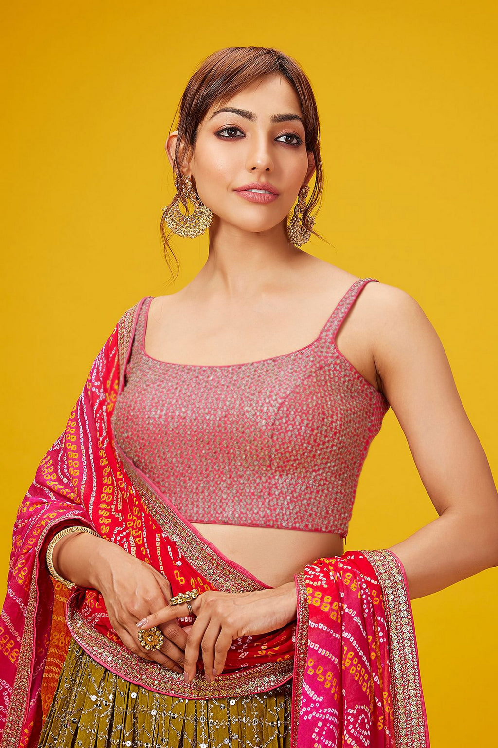 Green Pink Georgette Lehenga Choli For Indian & Pakistani Wedding Festival - Zari Work, Print Work, Sequence Embroidery Work