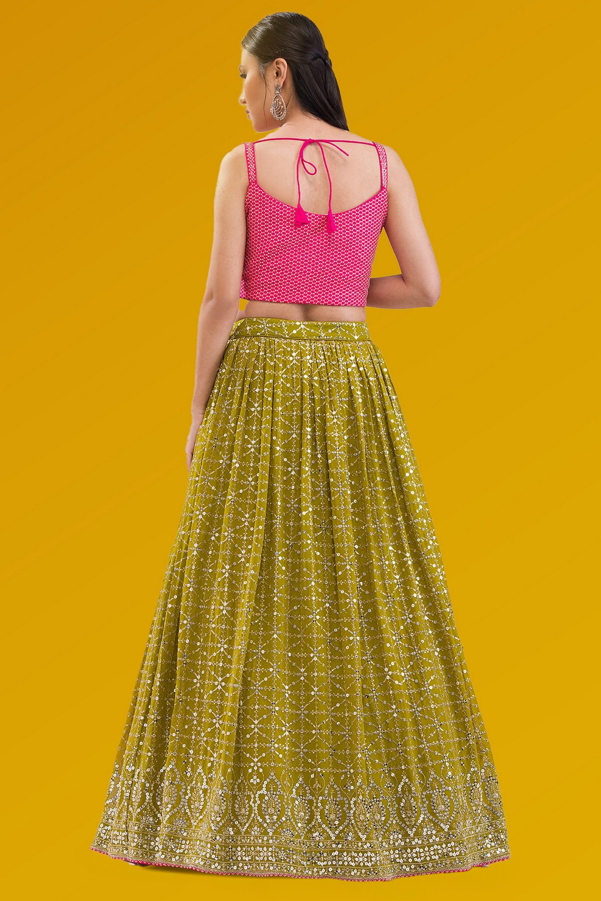 Green Pink Georgette Lehenga Choli For Indian & Pakistani Wedding Festival - Zari Work, Print Work, Sequence Embroidery Work