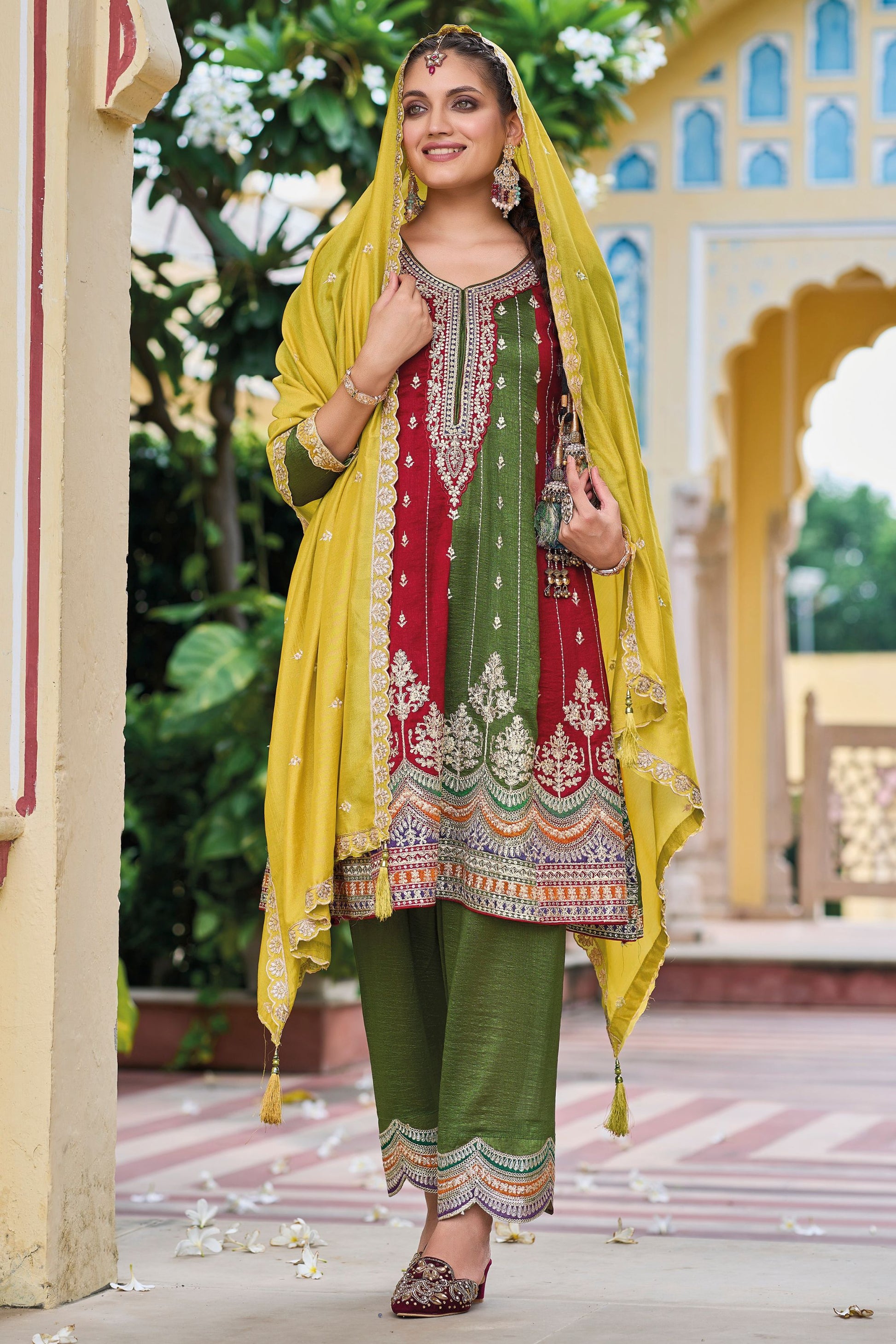 Green Red Silk Salwar Kameez with Pant For Indian Festivals & Weddings - Embroidery Work