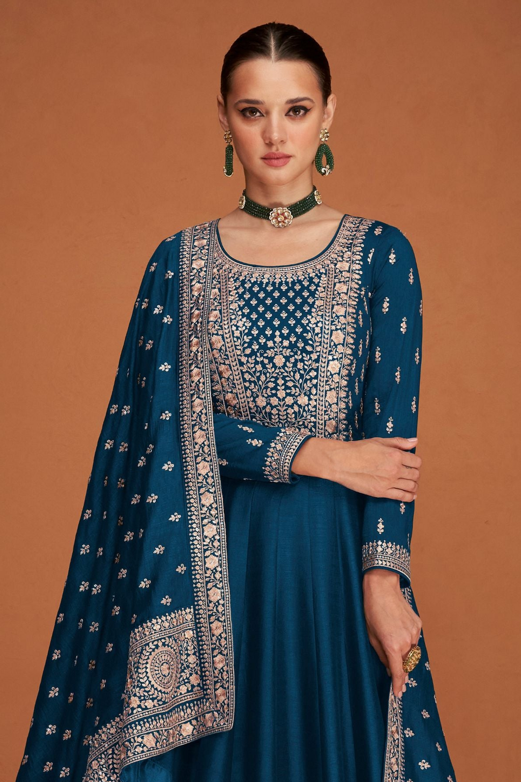 Teal Chinon Silk Anarkali Suit for Indian Wedding Guest Outfits - Thread Embroidery Work RTS